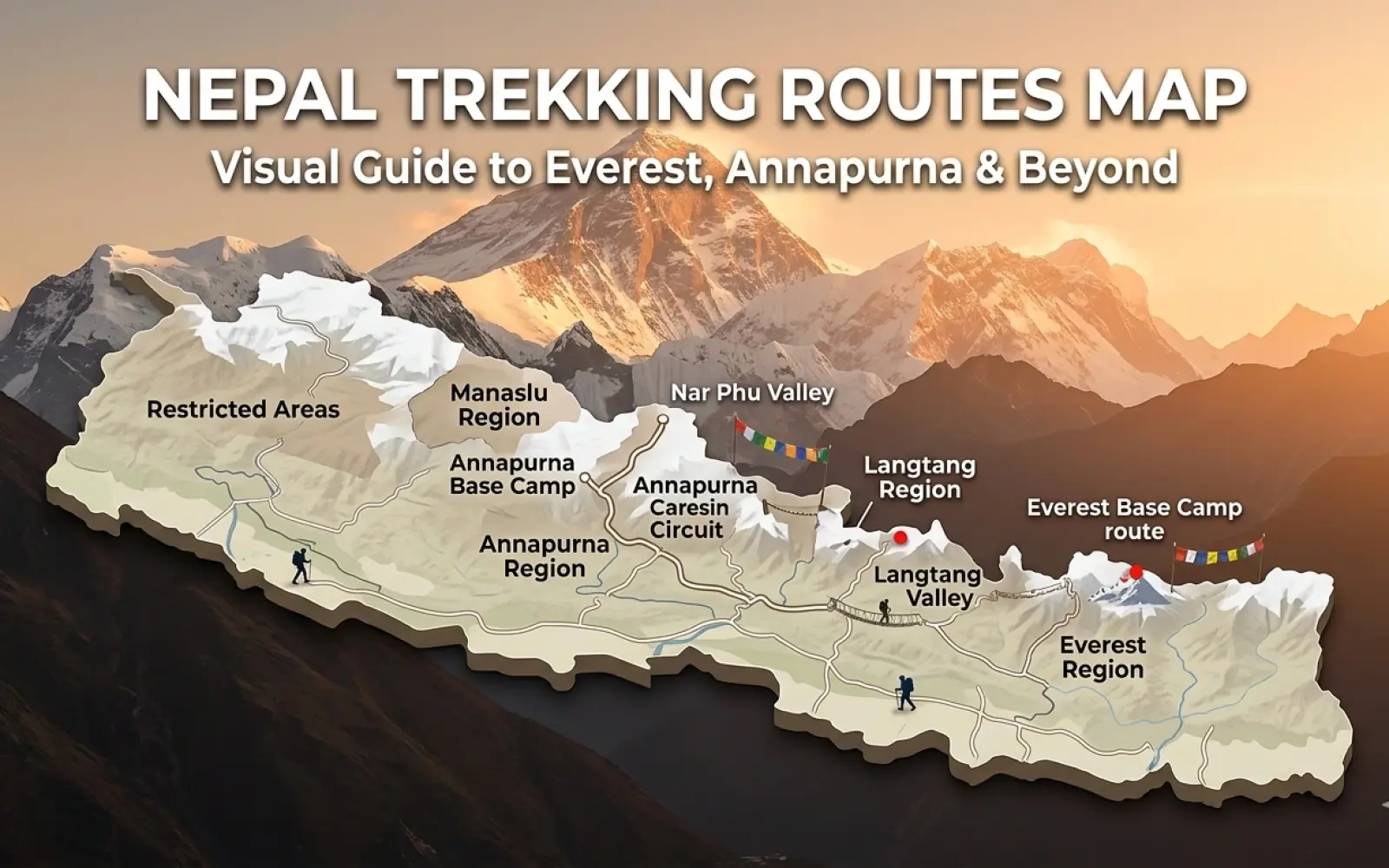 Nepal trekking routes map showing all major Himalayan trekking regions including Everest, Annapurna, Langtang and Manaslu