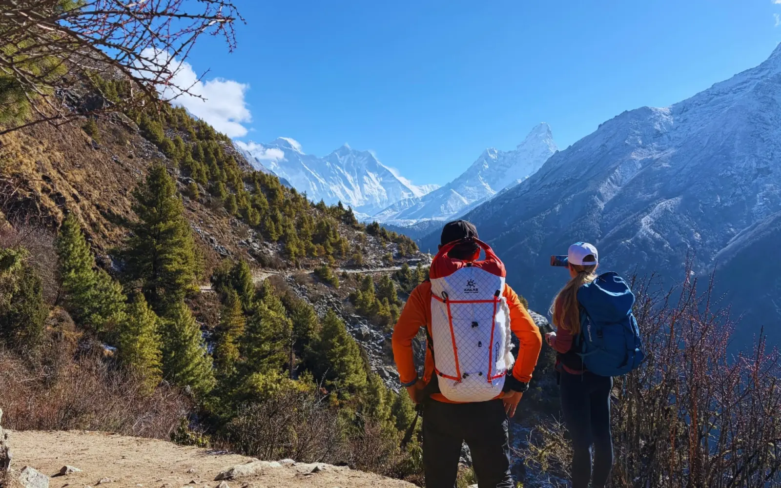 Sagarmatha National Park with Mount Everest rising above the Khumbu Valley under clear blue Himalayan sky Nepal