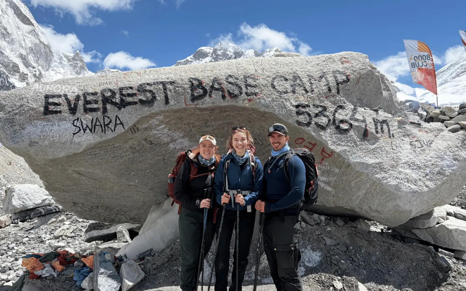 Normal person trekker reaching Everest Base Camp 5364m signboard first-time trekker successful completion