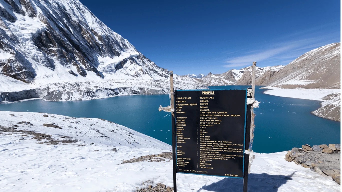 Turquoise Tilicho Lake surrounded by rugged Himalayan mountains in Nepal