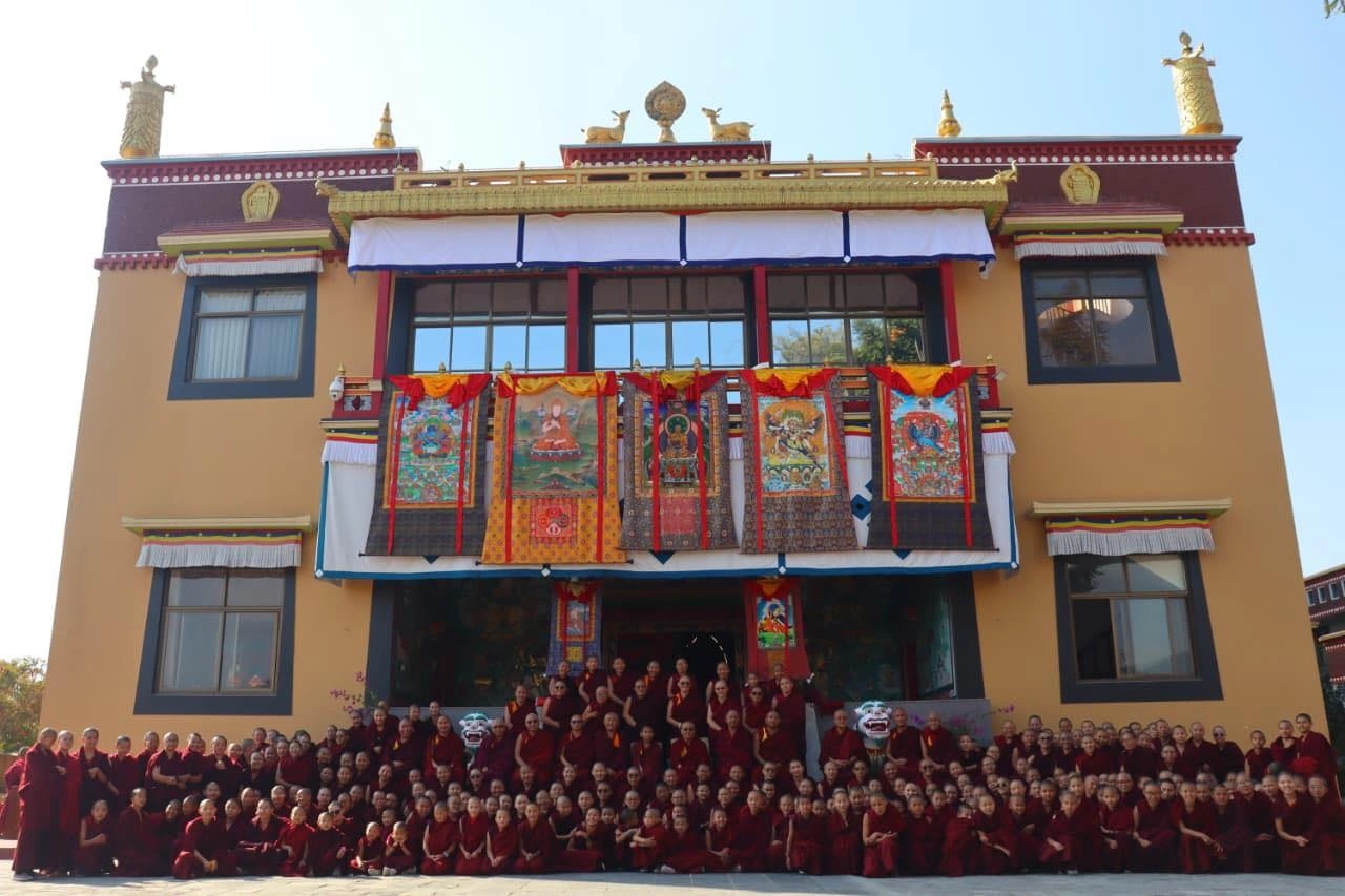 Group of Buddhist monks at Kopan Monastery Kathmandu Nepal spiritual retreat center