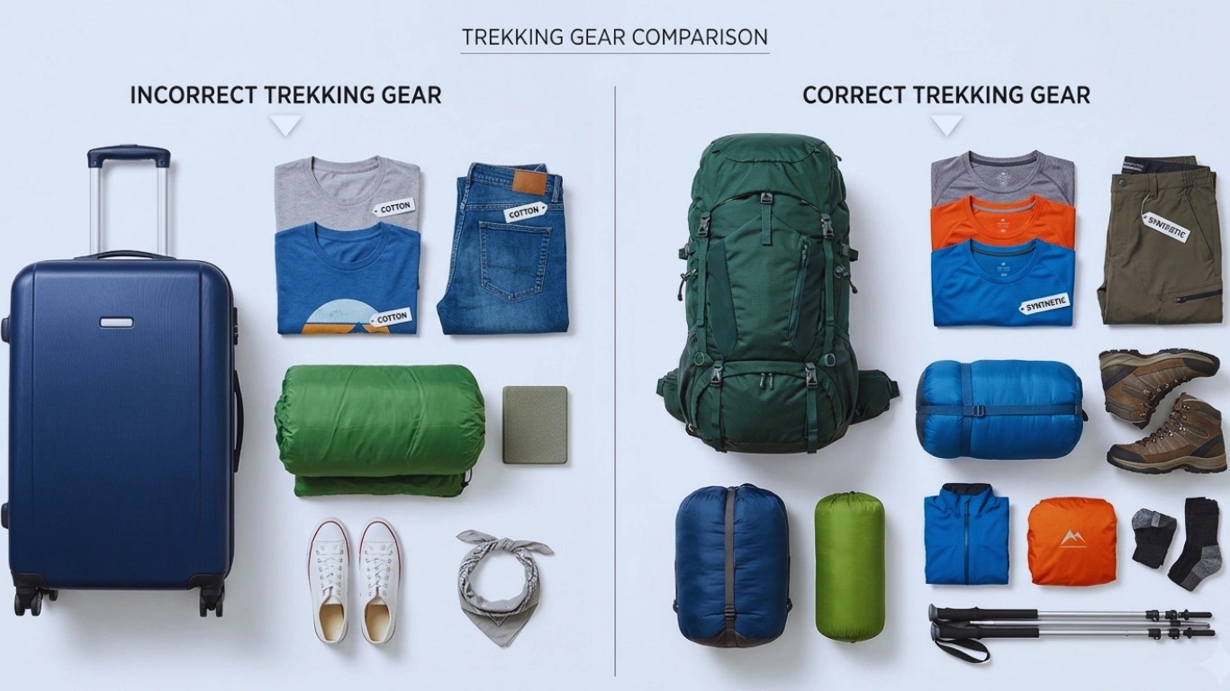 Proper packing list for trekking in Nepal comparing incorrect and correct gear choices on Himalayan trails