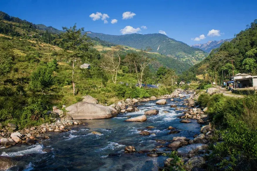 Flora and fauna at Annapurna Base Camp trek in subtropical zone with green forests, river, traditional houses, and trail along the hillside