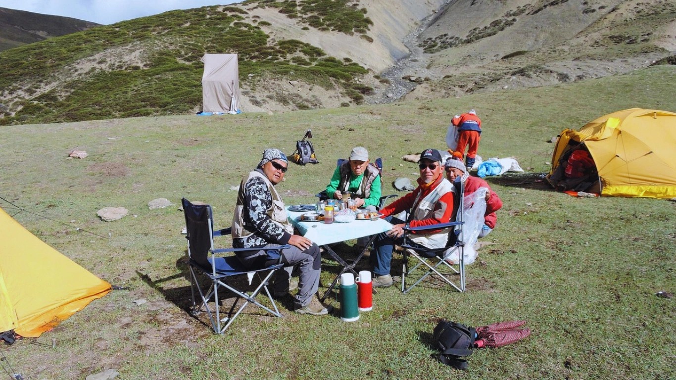 Eco-friendly trekking campsite in the Himalayas with minimal impact equipment