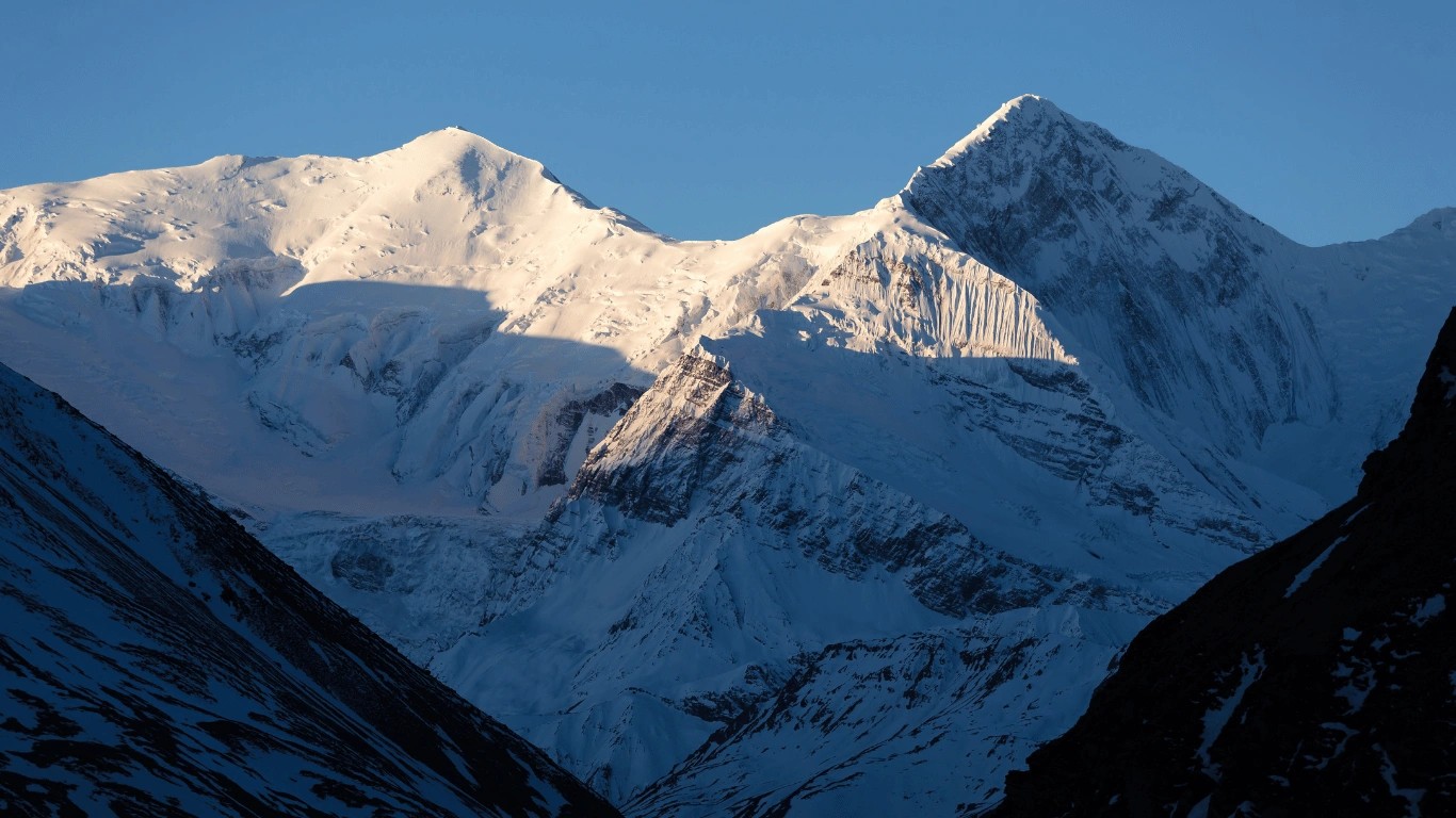 Climbers ascending Chulu East Peak in the Annapurna region of Nepal