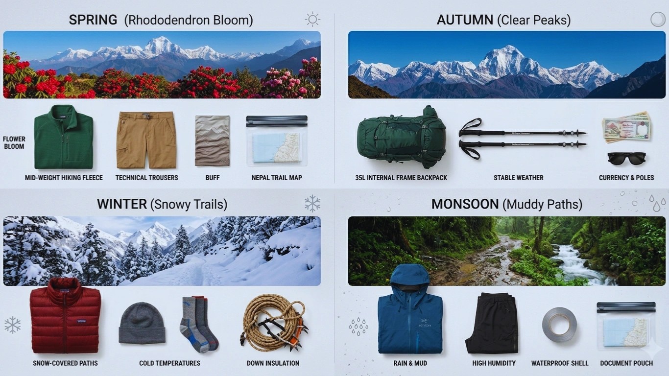 Seasonal packing list for trekking in Nepal covering spring, autumn, winter, and monsoon gear requirements