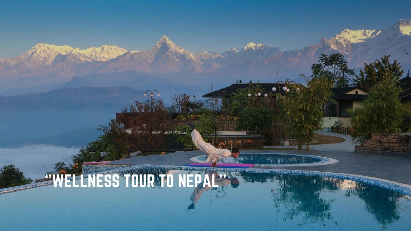 Yoga instructor performing yoga poses on a wellness tour to Nepal, with the iconic Fishtail (Machhapuchhre) Mountain of the Annapurna range in the background, highlighting meditation and Himalayan wellness experiences.