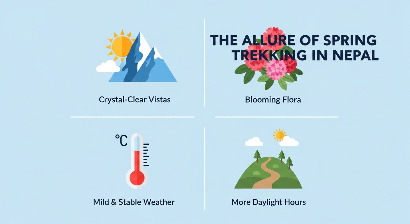 Infographic highlighting the four key benefits of spring trekking in Nepal. It shows icons for Crystal-Clear Vistas, Blooming Flora, Mild & Stable Weather, and More Daylight Hours.