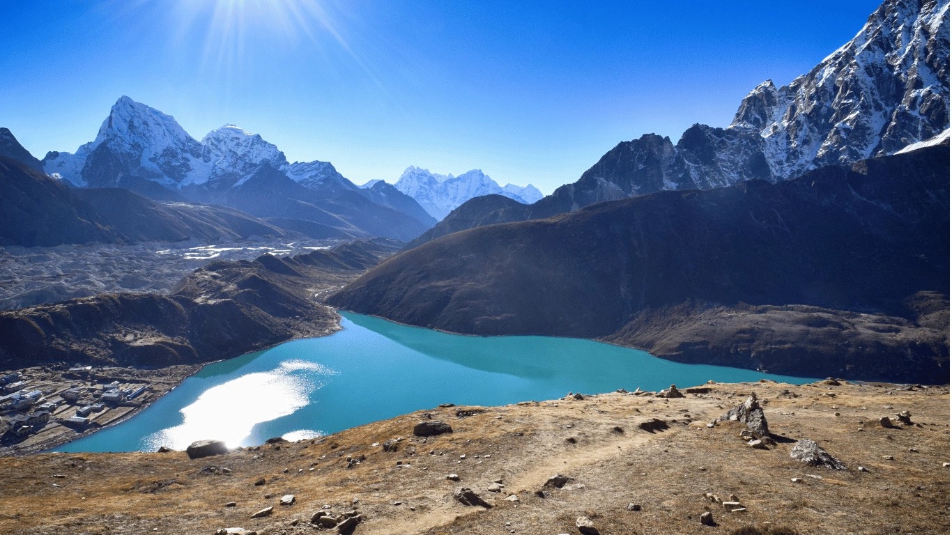 Aerial view of the turquoise Gokyo Lakes from Renjo La Pass during the Gokyo and Renjo La Trek in Nepal's Everest region.