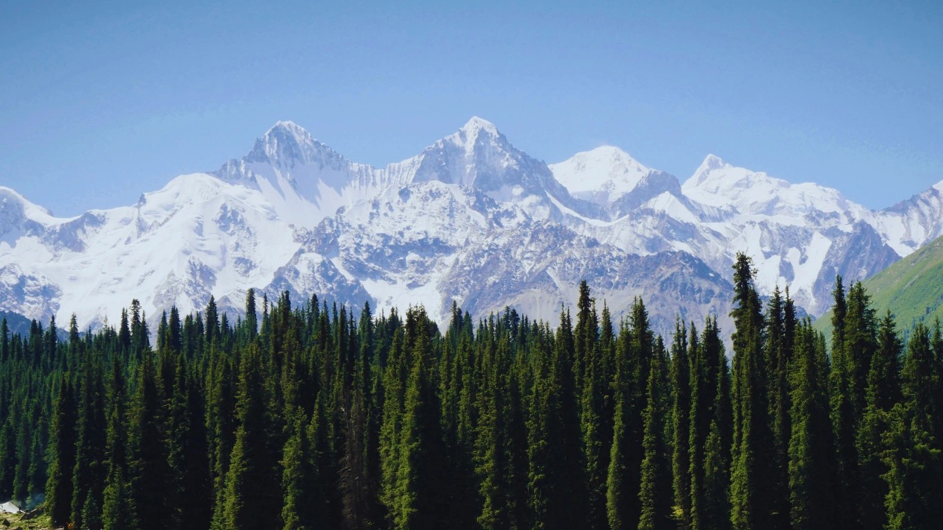 Snow-covered Himalayan mountain ranges in China with towering peaks and clear skies
