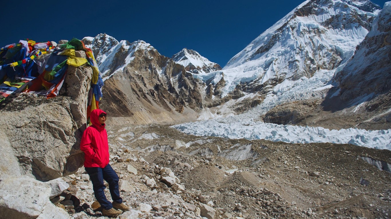 Female trekkers enjoying clear Himalayan mountain views during the best season for the Everest Base Camp Trek.
