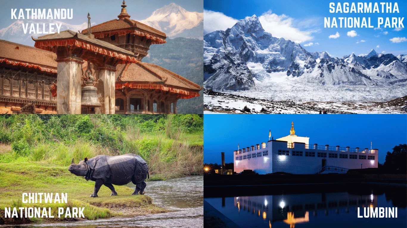 UNESCO World Heritage properties in Nepal, including Kathmandu Valley, Lumbini, Chitwan National Park, and Sagarmatha National Park.