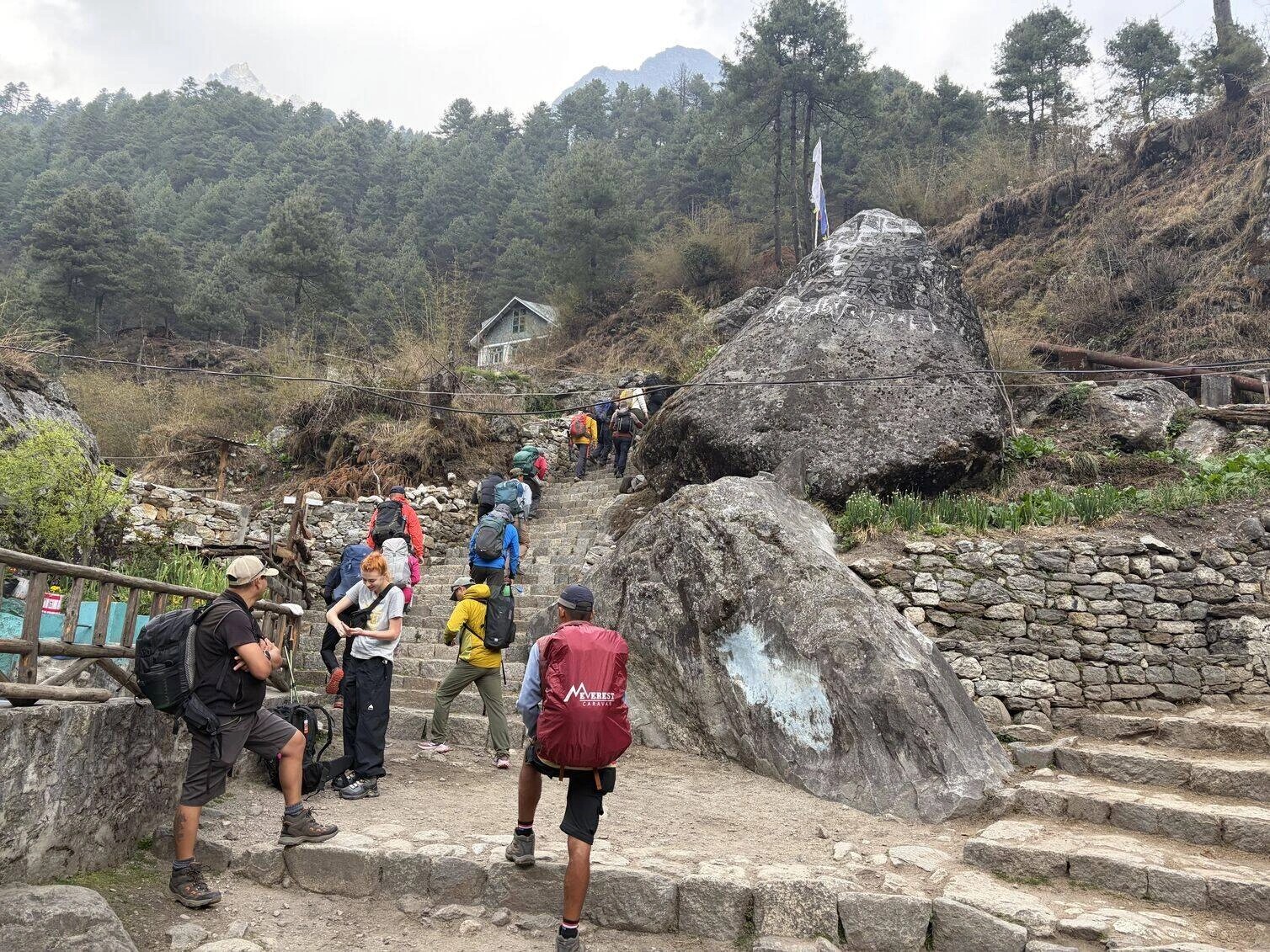 Trekker climbing stone stairs on Everest Base Camp trek from Phakding to Namche Bazaar 830m elevation gain
