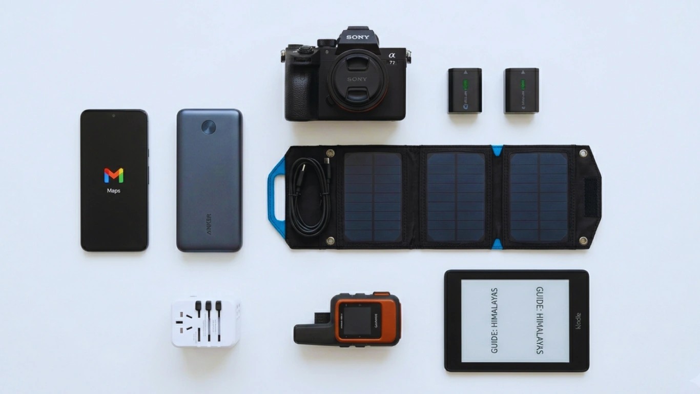 Electronics packing list for trekking in Nepal with power banks, camera, and satellite communication devices