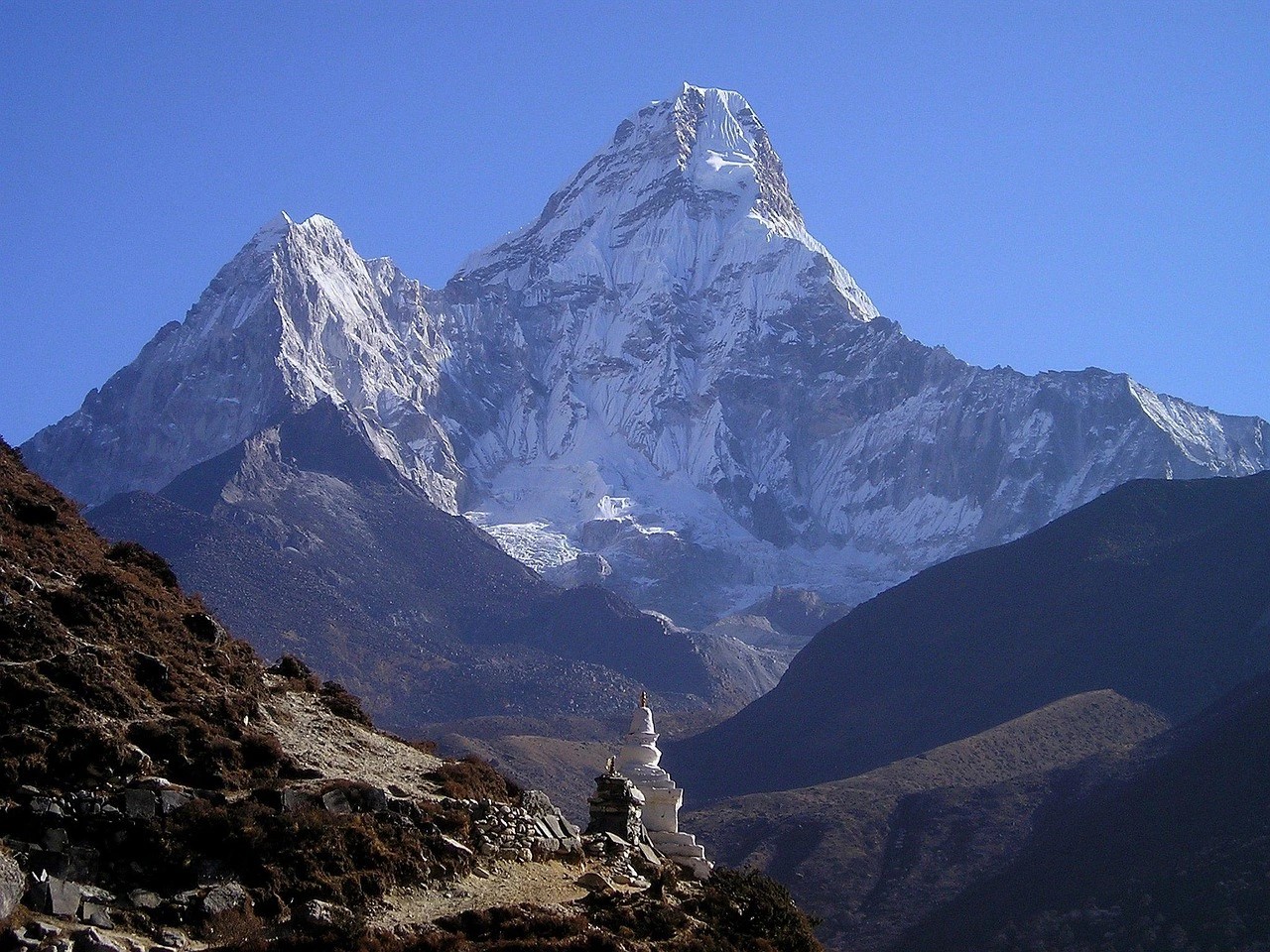 Trekker leaving the tree line en route to Dingboche during Everest Base Camp Trek, with Himalayan peaks emerging above the barren winter landscape.