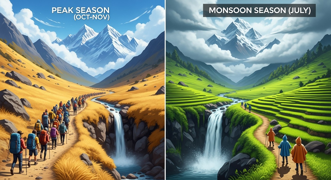 A split-screen illustration comparing trekking in Nepal. The left side shows a crowded, dusty trail in peak season with clear skies. The right side shows a quiet, lush green trail in monsoon season with dramatic clouds and a large waterfall.