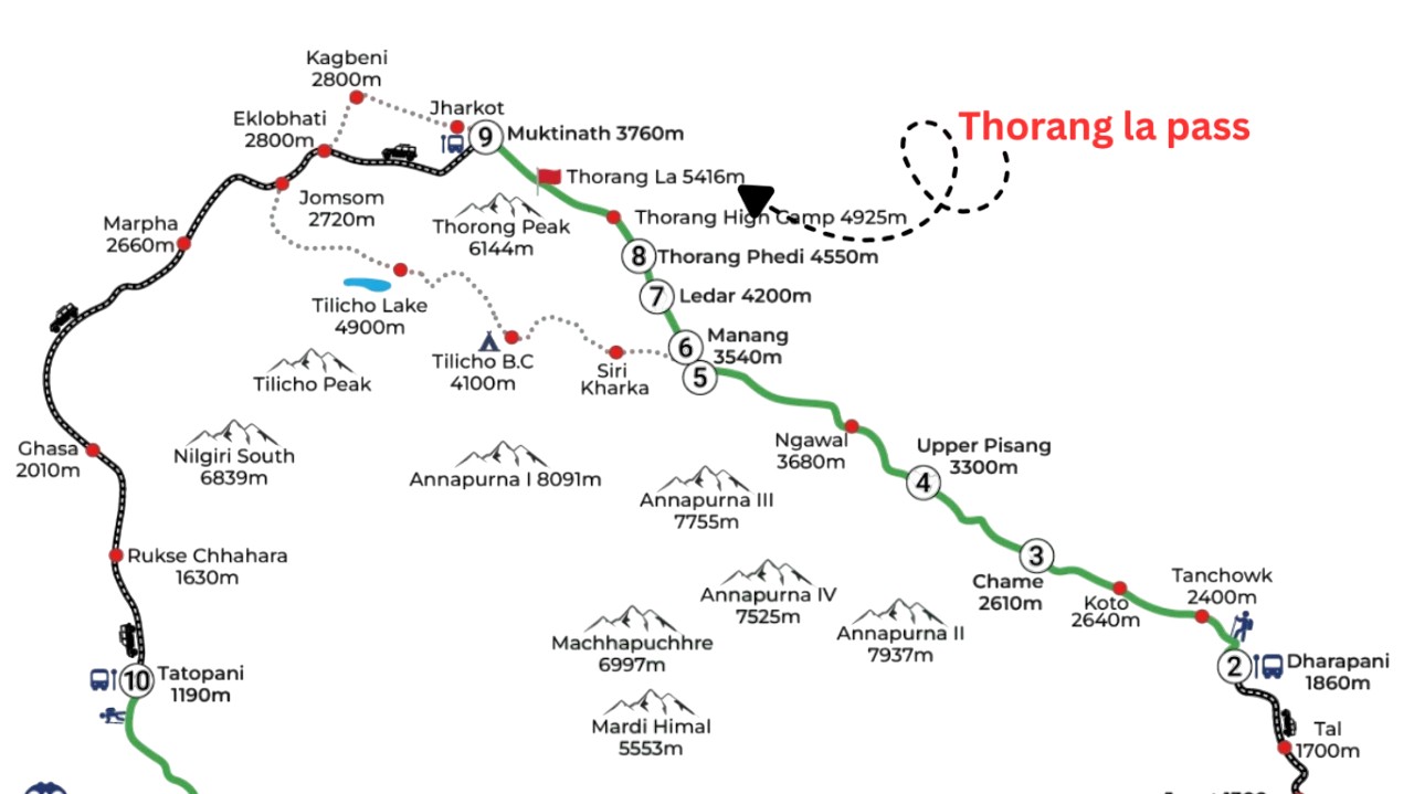 Detailed trekking map showing Thorong La Pass location between Manang and Mustang districts on the Annapurna Circuit Trek route in Nepal