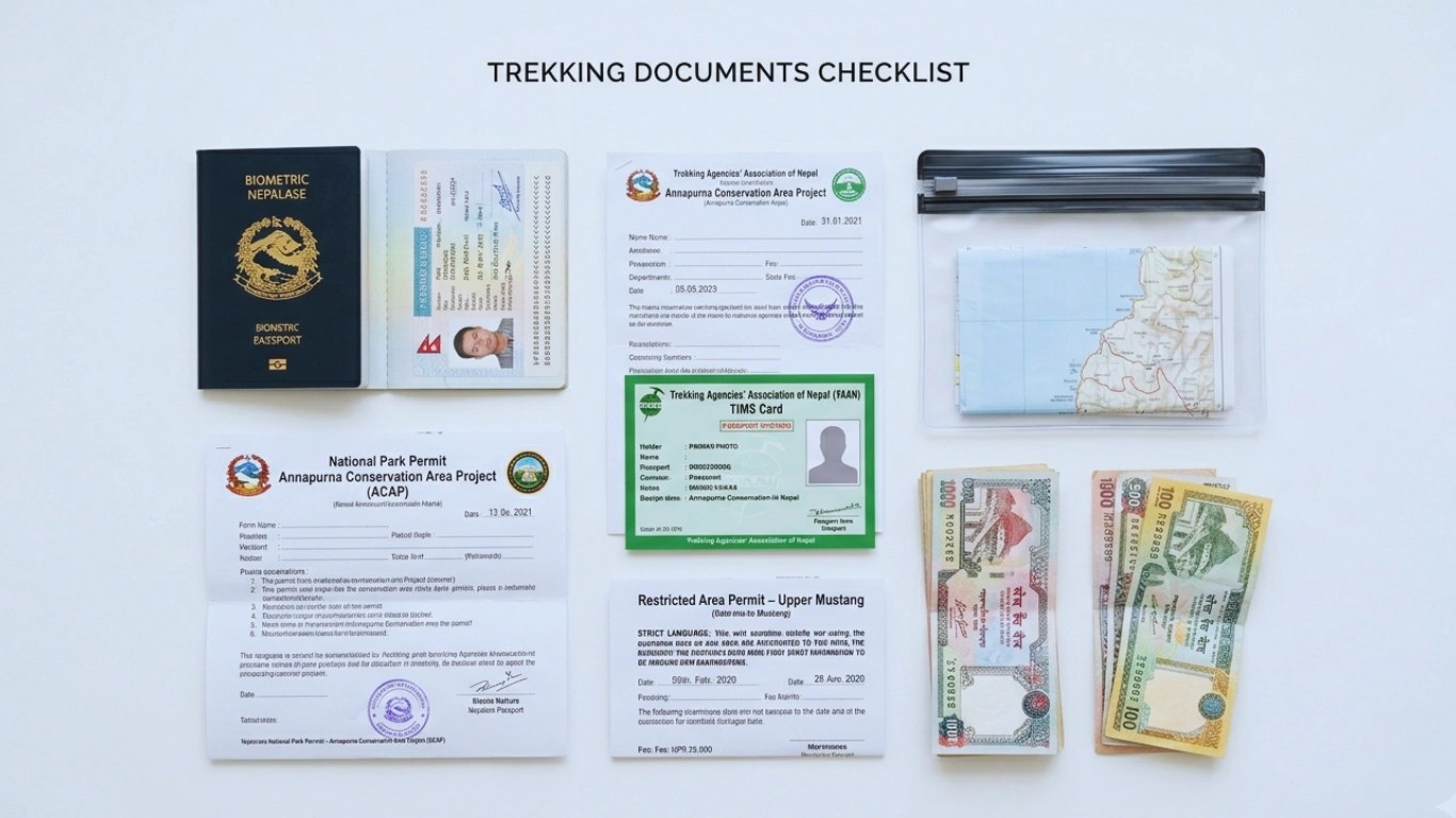 Documents and permits packing list for trekking in Nepal including passport, TIMS card, and park permits