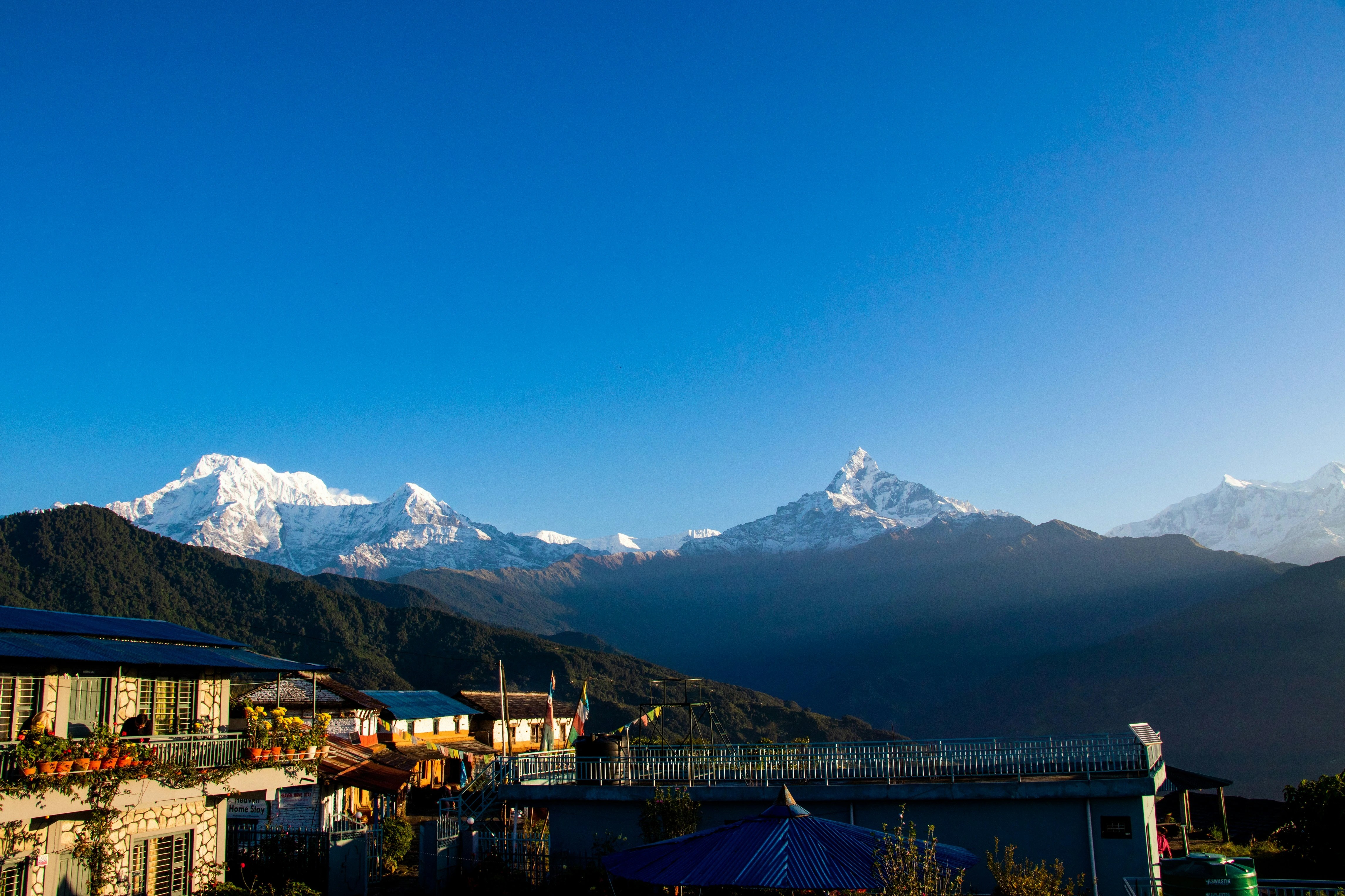 Easy Annapurna Base Camp viewpoint at Australian Camp showing Annapurna South and Machhapuchhre at sunrise