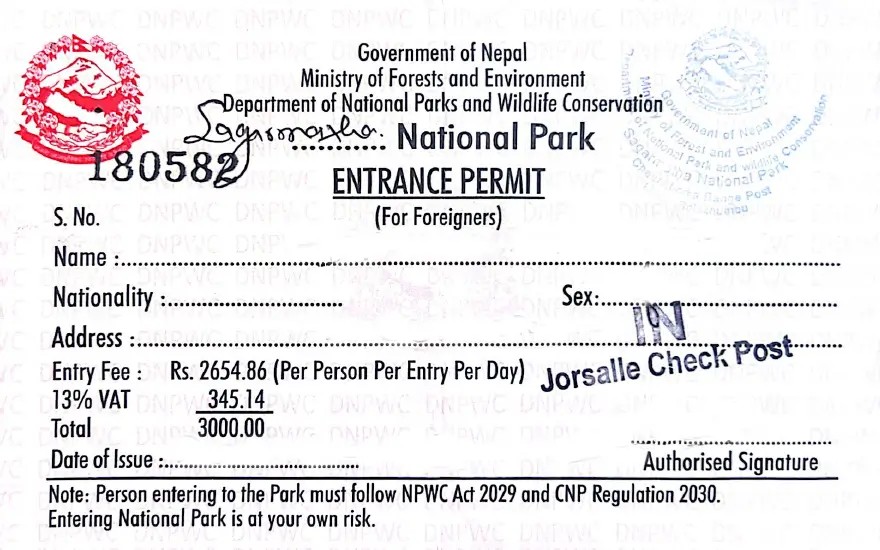 Sagarmatha National Park entry permit card for trekkers on the Everest Base Camp trek in Nepal