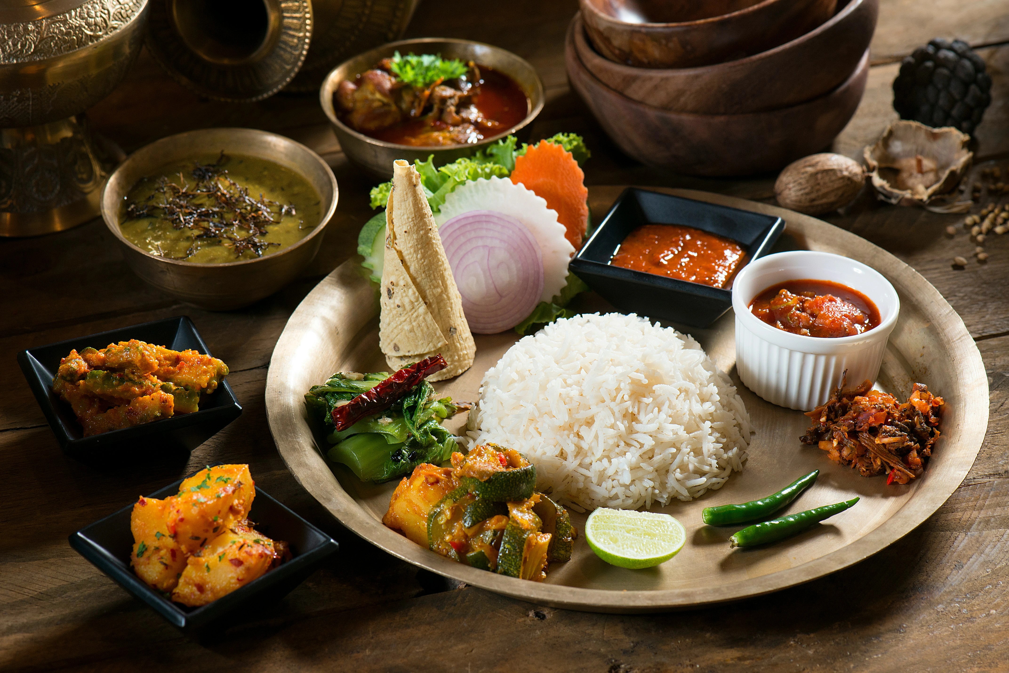 Plate of Dal Bhat, the traditional Nepali meal with rice, lentils, vegetables, and curry.