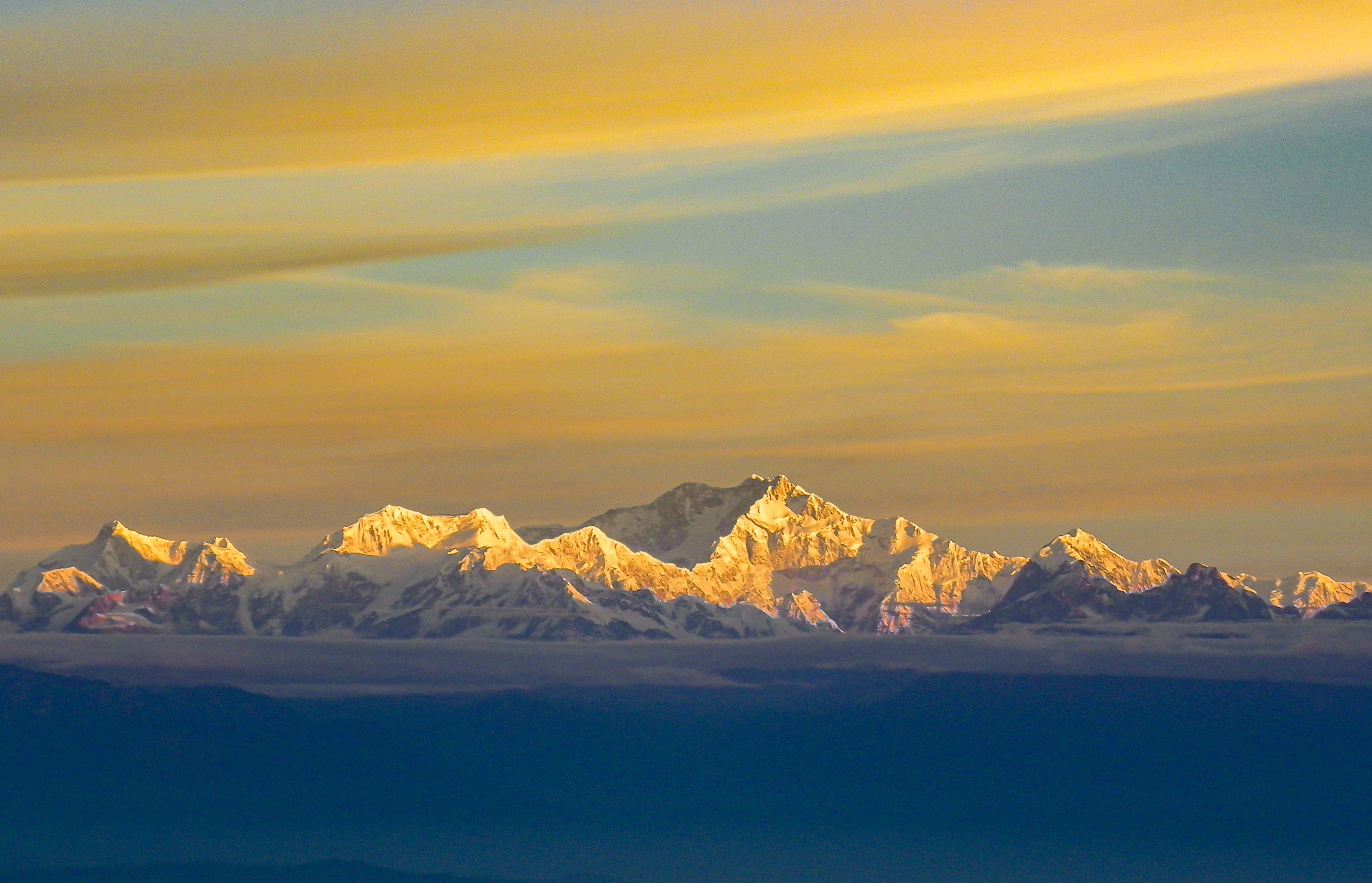 Panoramic view of the Kanchenjunga mountain ranges, the third highest peak in the world, in the eastern Himalayas of Nepal.