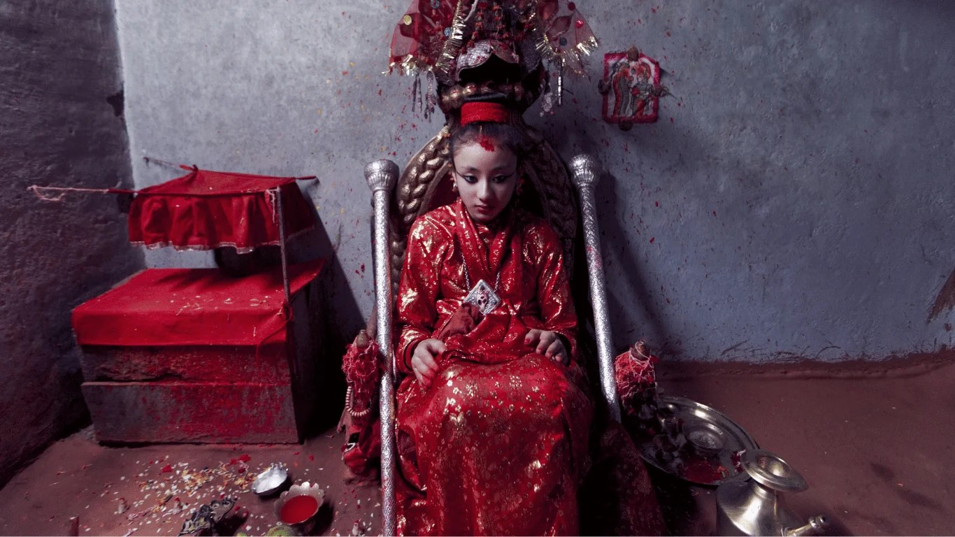The Kumari, Nepal's living goddess, representing the centuries-old Newar religious tradition in Kathmandu.