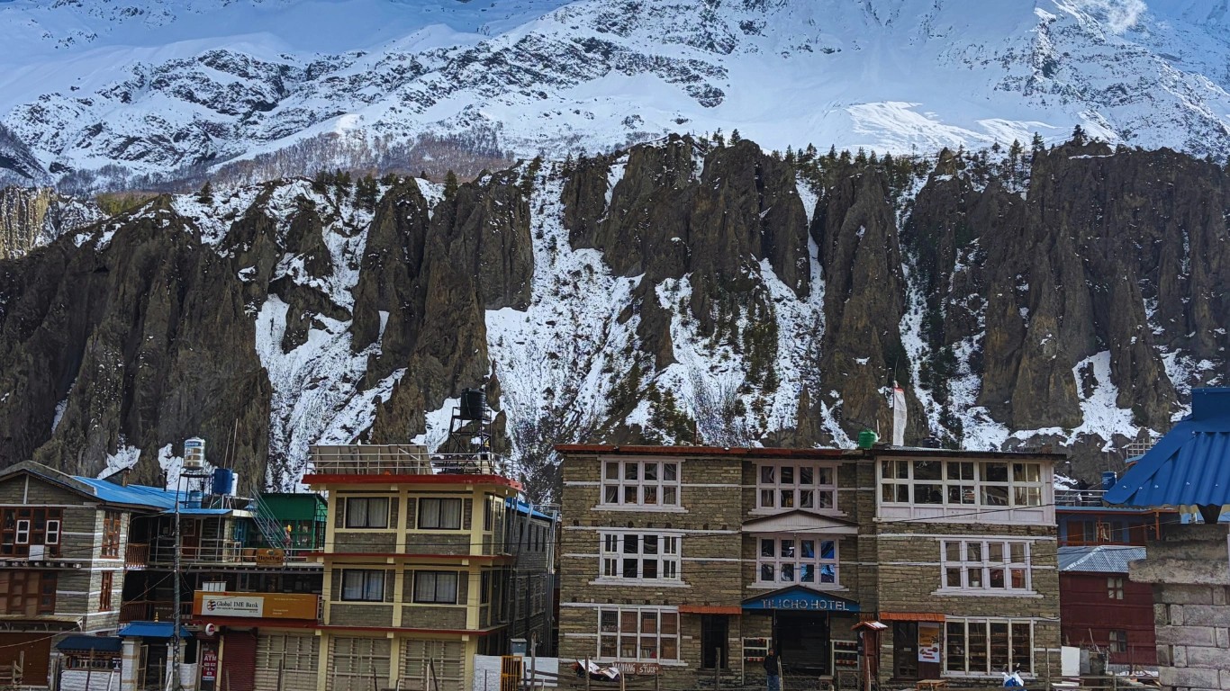 Hotel Tilicho in Manang with Annapurna III and Gangapurna peaks in the background on Annapurna Circuit Trek