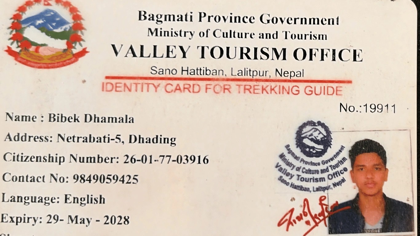 Bibek Dhamala’s registered trekking guide licence in Nepal, confirming his professional qualification as a licensed Himalayan trekking guide.