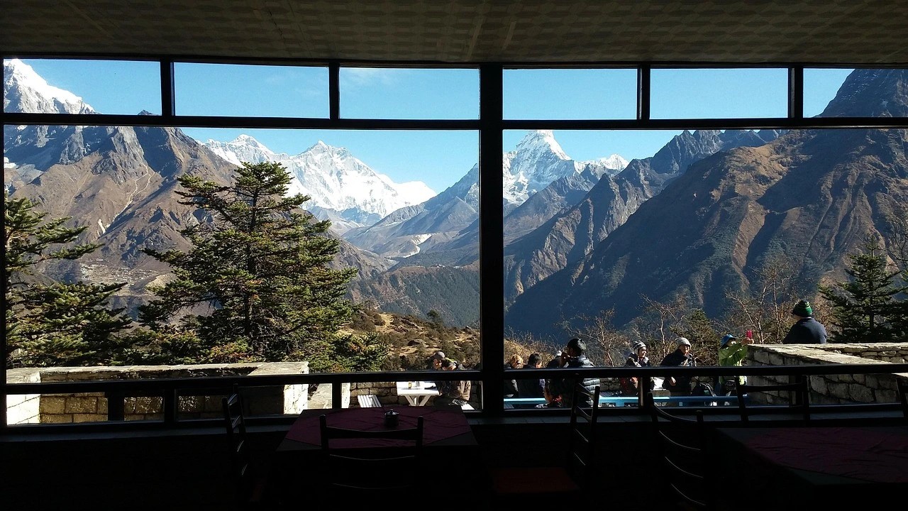 Winter trek in Nepal panoramic view of Mount Everest Lhotse and Ama Dablam from Everest View Hotel