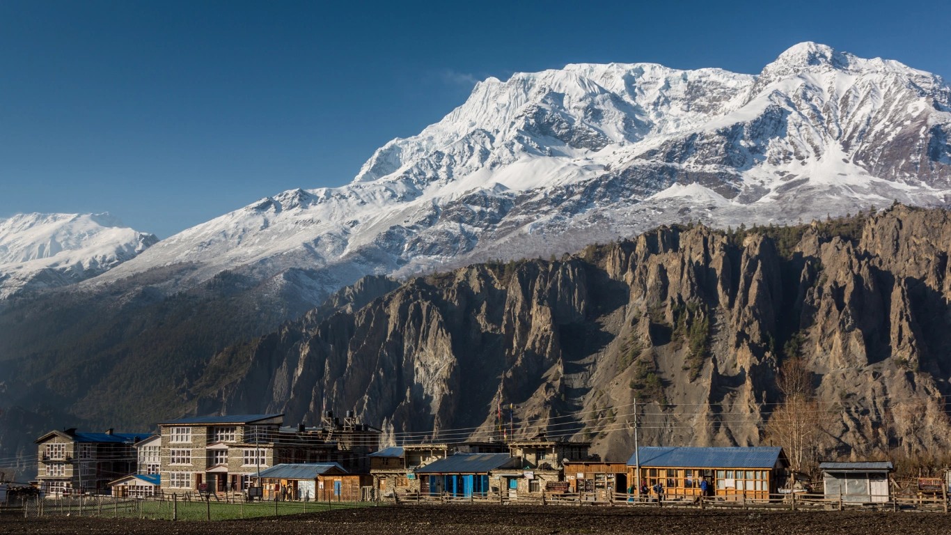 Traditional stone houses in Manang village with Himalayan peaks