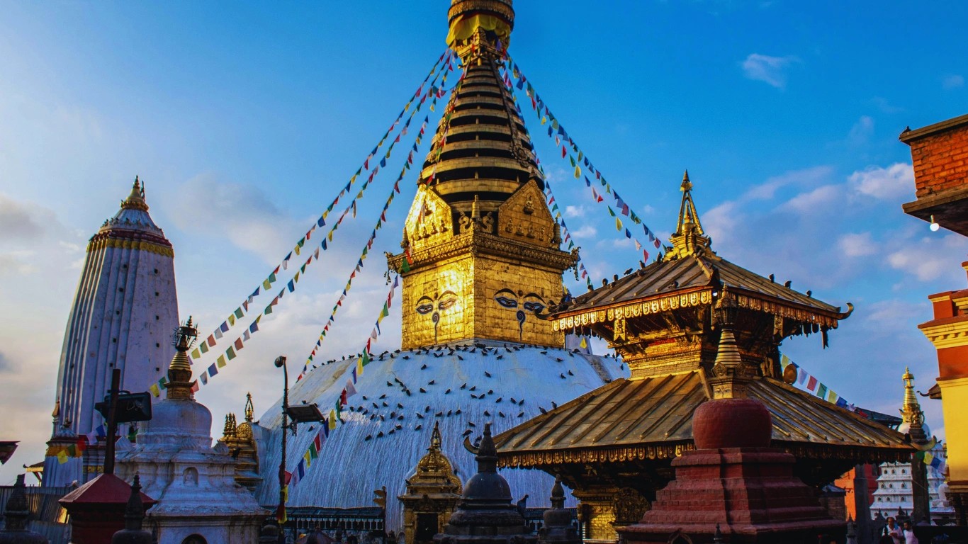 Swayambhunath Stupa UNESCO World Heritage Site Nepal Monkey Temple overlooking Kathmandu Valley with prayer flags