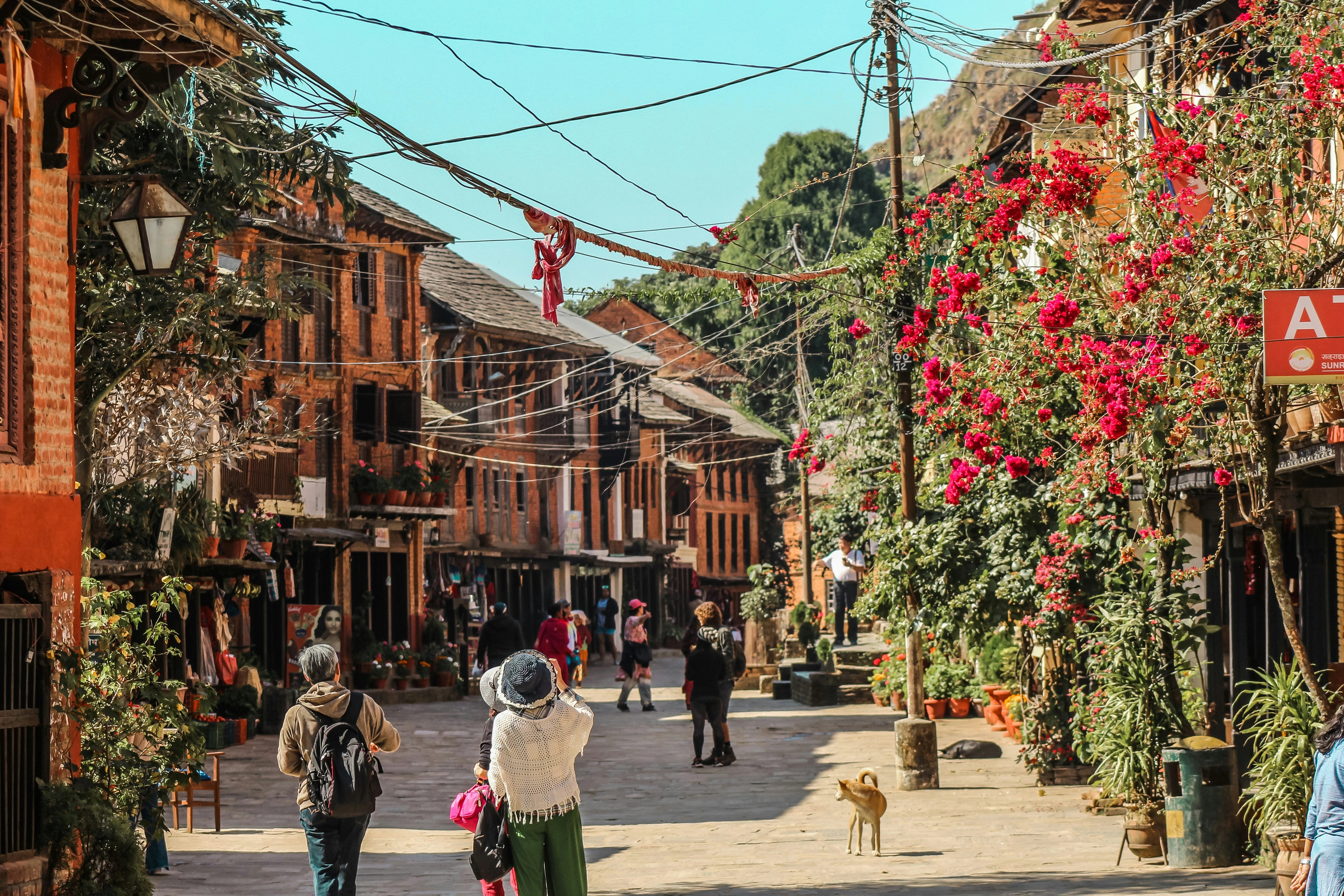 Busy street in Nepal with traditional buildings, shops, pedestrians, and colorful local life.