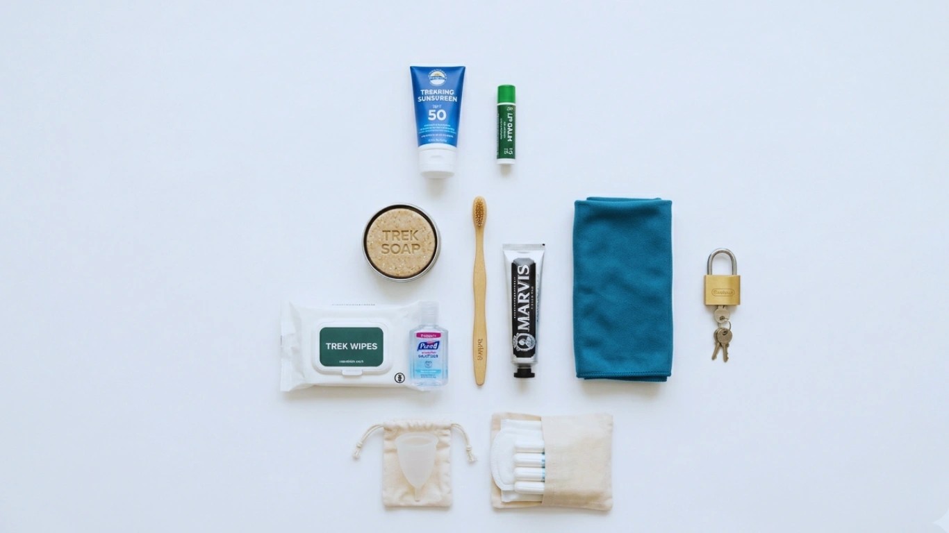 Personal items packing list for trekking in Nepal including sunscreen, toiletries, and hygiene essentials