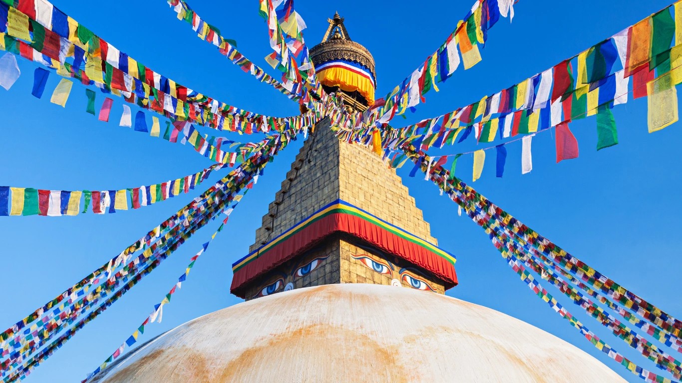 Boudhanath Stupa in Kathmandu with colorful prayer flags