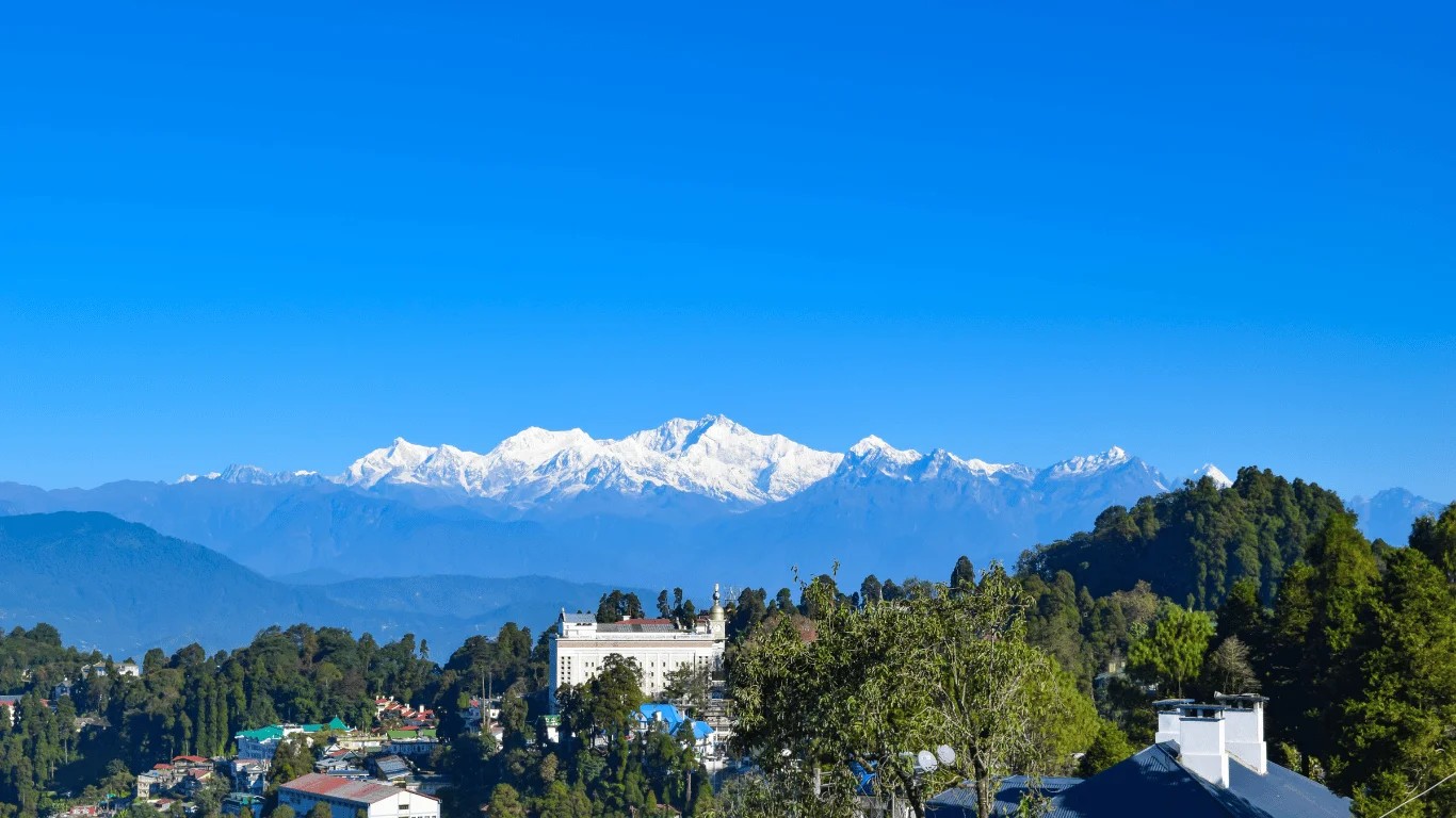 Mount Kanchenjunga seen from India, showcasing the snow-covered Himalayan peak.