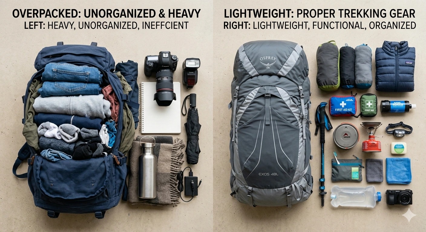 What to avoid in your packing list for trekking in Nepal showing overpacking versus smart lightweight gear