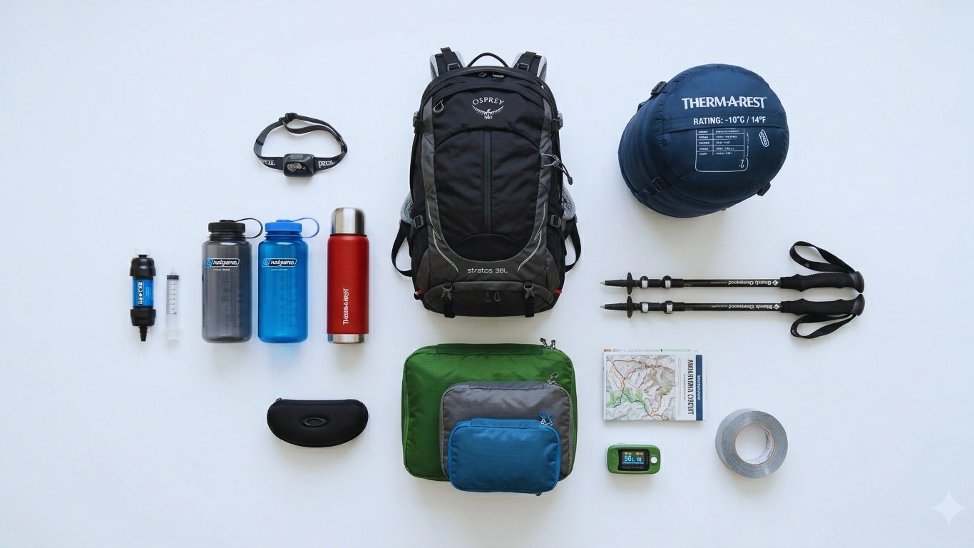 Complete gear packing list for trekking in Nepal with backpack, sleeping bag, and essential equipment