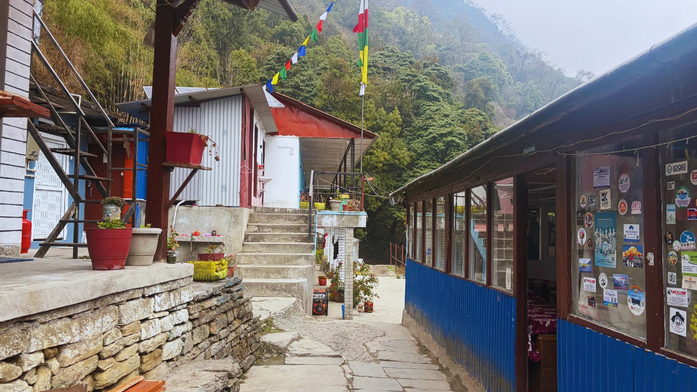 Simple teahouse exterior in Siniwa showing outdoor seating with an outside toilet located on the left side.
