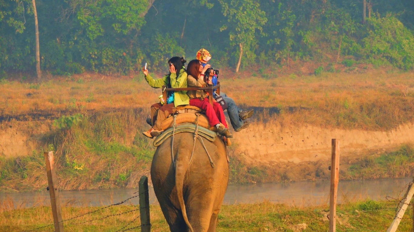 couple enjoying elephant ride at unique honeymoon place in nepal