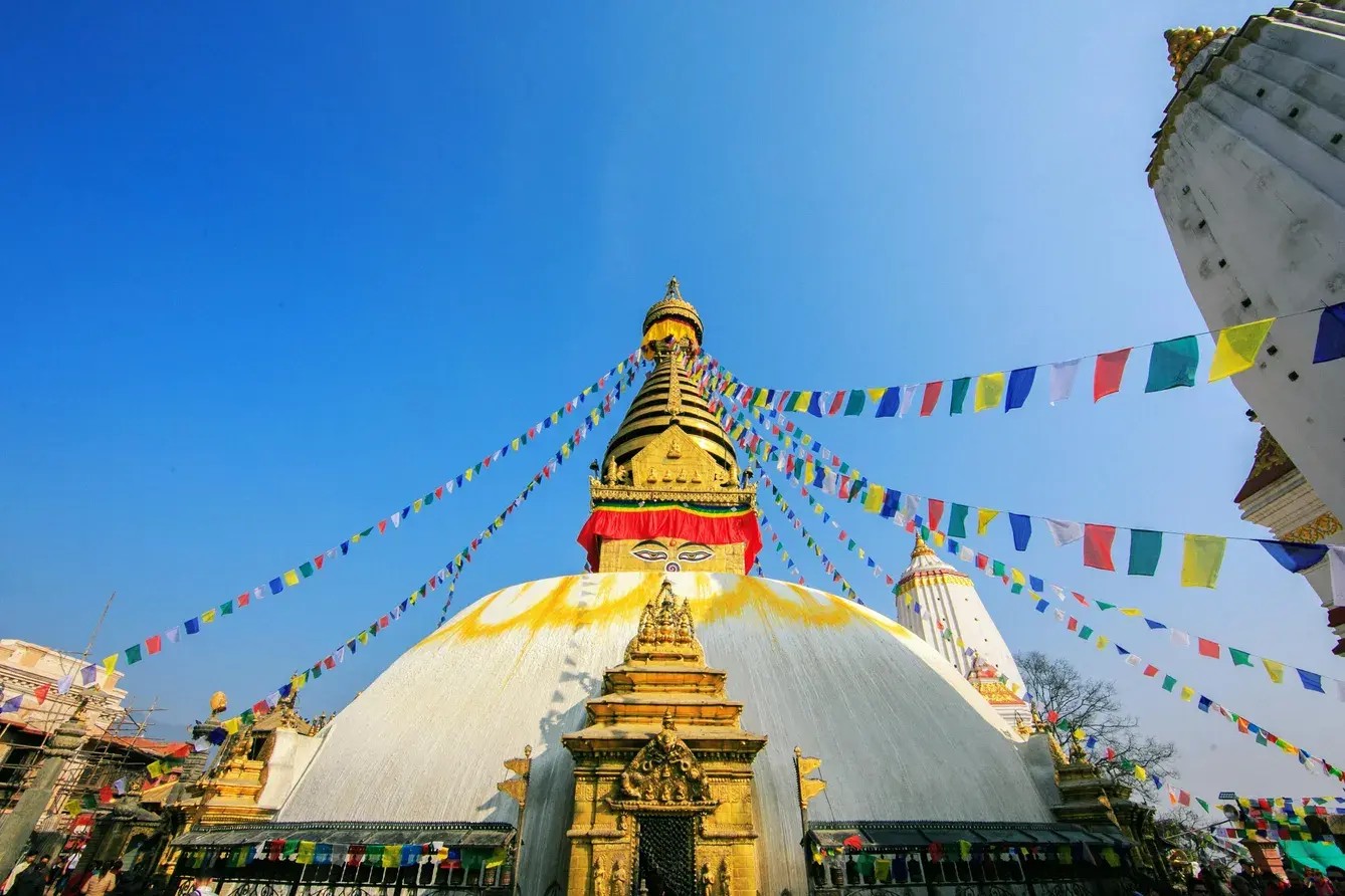 Monkey Temple Stupa in Kathmandu during clear December winter day
