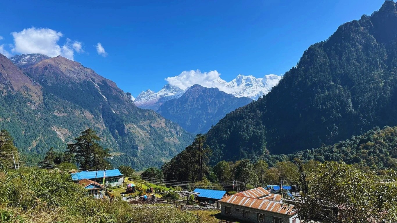 Traditional Timang village on the Annapurna Circuit Trek with mountain views