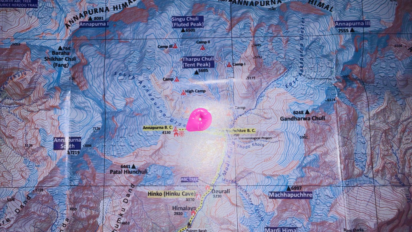Map showing the exact location of Annapurna Base Camp in the Annapurna Sanctuary, Nepal