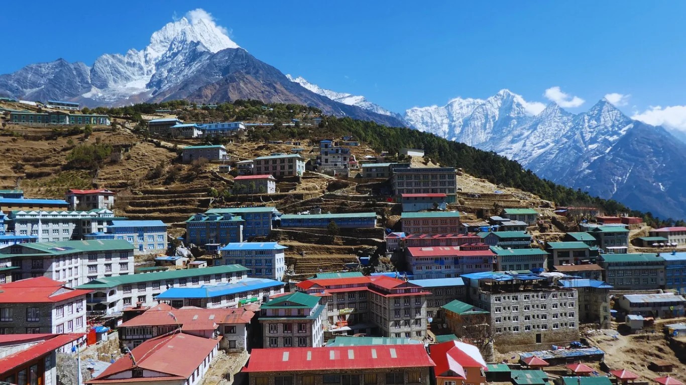Namche Bazaar village with mountain backdrop inside Sagarmatha National Park Khumbu Nepal
