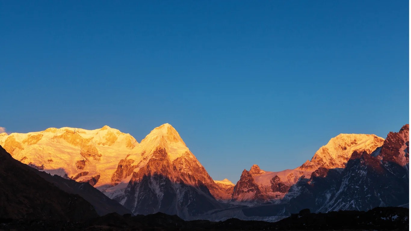 Dot chart of Kanchenjunga’s five main summits: Main 8,586 m, Yalung Kang 8,505 m, South 8,494 m, Central 8,482 m, Kangbachen 7,903 m