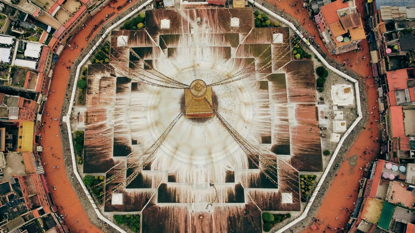 Aerial view of the iconic Boudhanath Stupa.