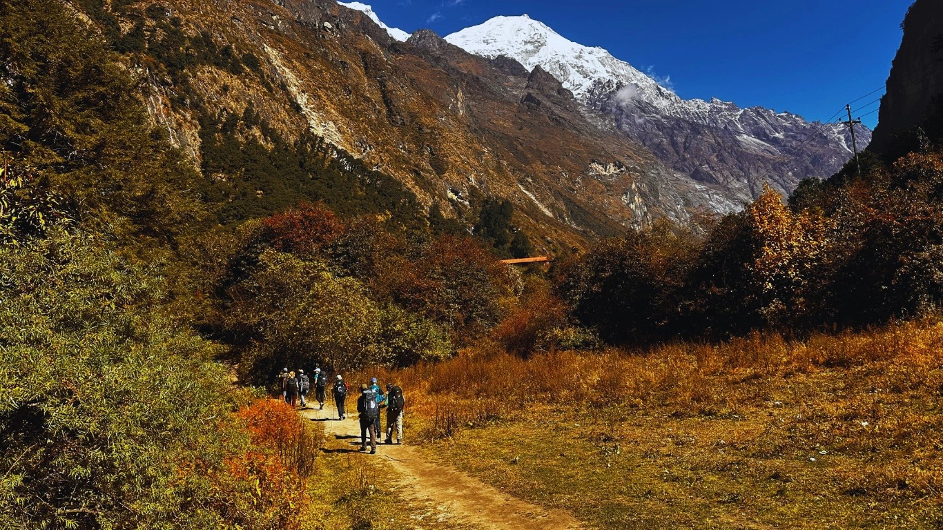 Trekking group hiking along the scenic trail of the Langtang Valley Trek in the Himalayas of Nepal.