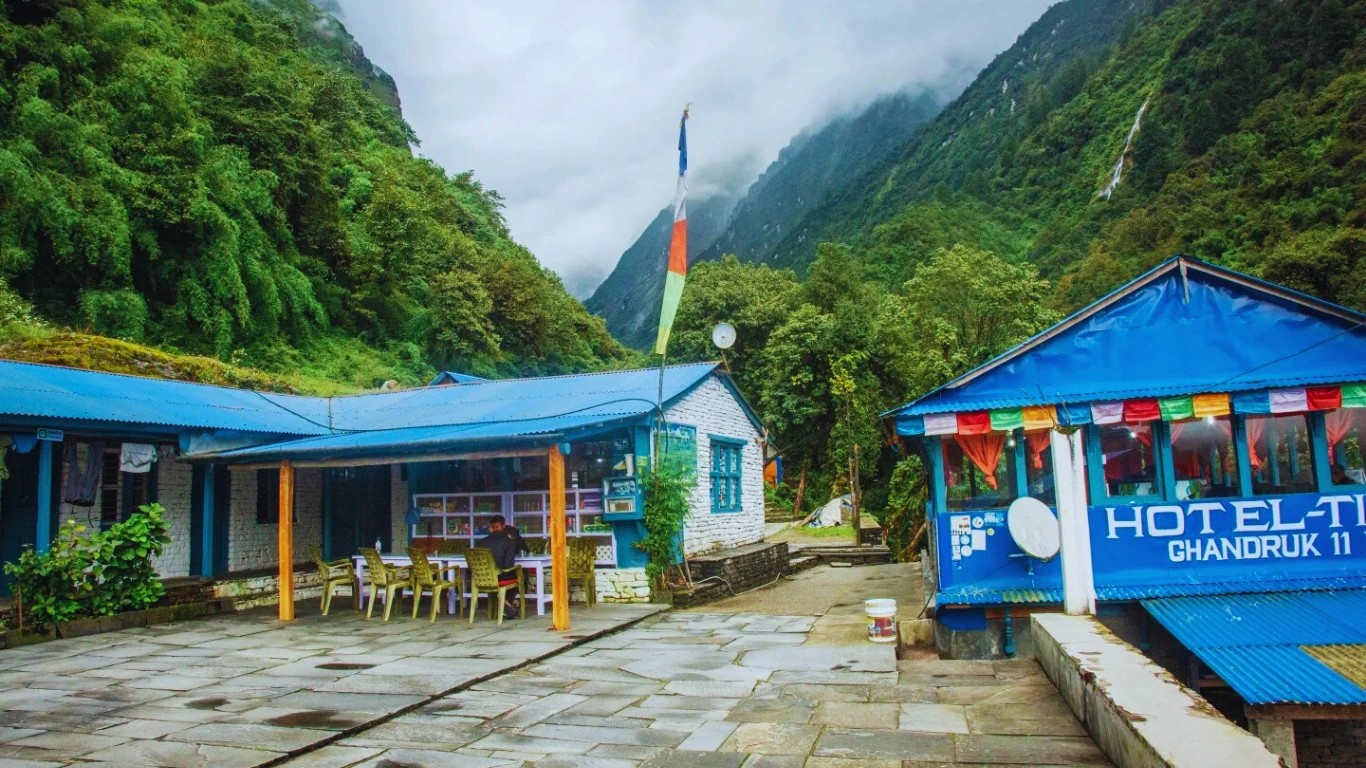 Quiete Dovan Village covered in snow during winter on the Annapurna Base Camp trek, illustrating the seasonal trekking conditions for ABC.