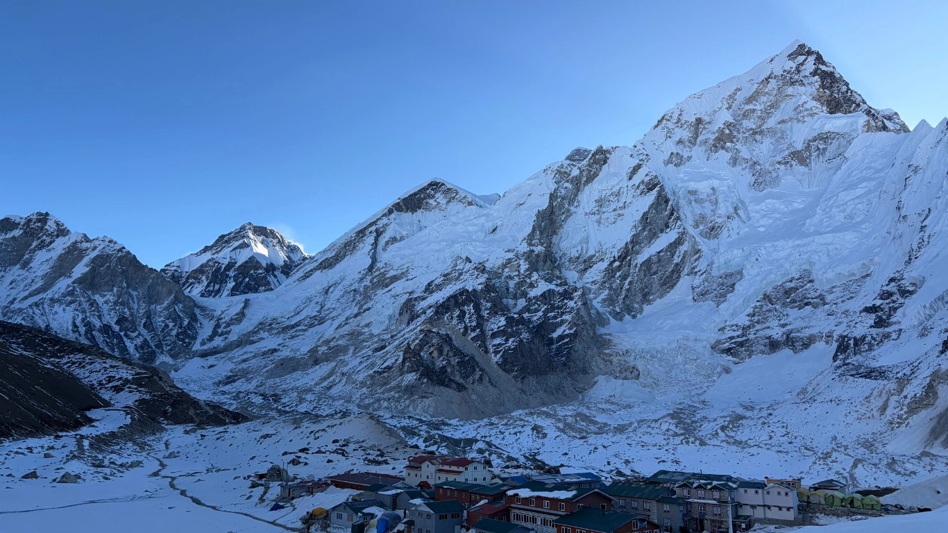 Crystal-clear autumn view from Gorak Shep featuring Mount Everest, Lho La Pass, Nuptse, and the Tibetan mountains during the Everest Base Camp Trek