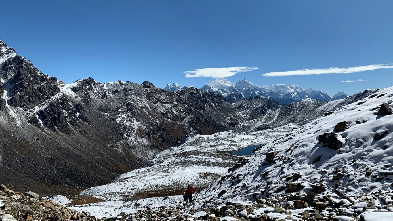 Trekkers navigating the Makalu Base Camp Trek surrounded by rugged Himalayan terrain.